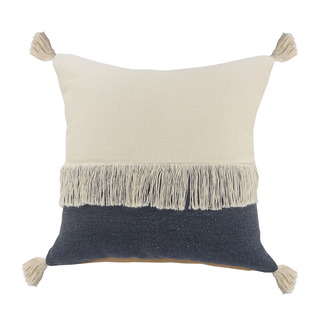 Laddha Home Designs 20" Blue and White Fringe Color Block Square Throw Pillow
